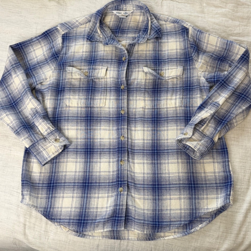 Old Navy Womens S Blue White Plaid Boyfriend Shirt Flannel Button Down 751722-14